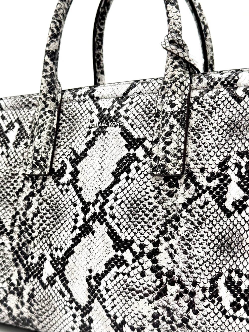 Michael Kors Laila Medium Snakeskin Leather Satchel Bag - Aluminum - Picture 2 of 11